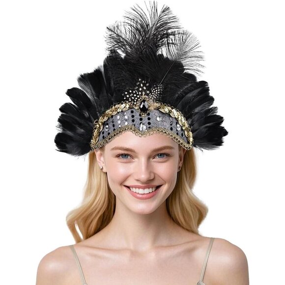 Women\'s Feather Headband Ostrich Sequin Luxury Elastic for Parties Weddings